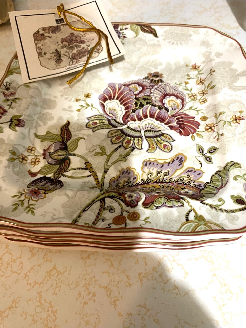 222 Fifth Floral Porcelain salad plates in Green & Purple